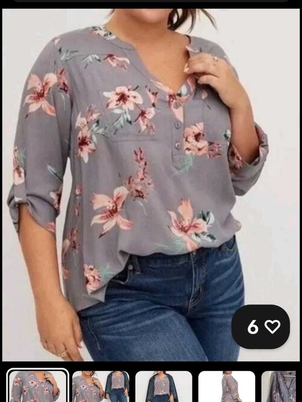 Torrid Grey Floral Harper Blouse 3/4 Sleeve